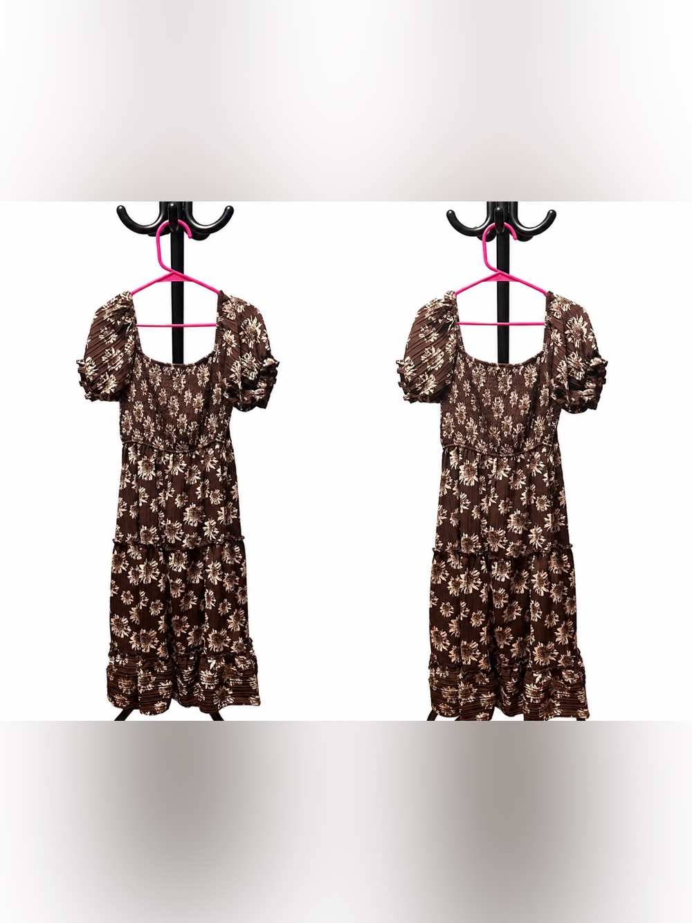 NWOT CUPSHE Brown Floral Boho Smocked Puff Sleeve Dress Size L